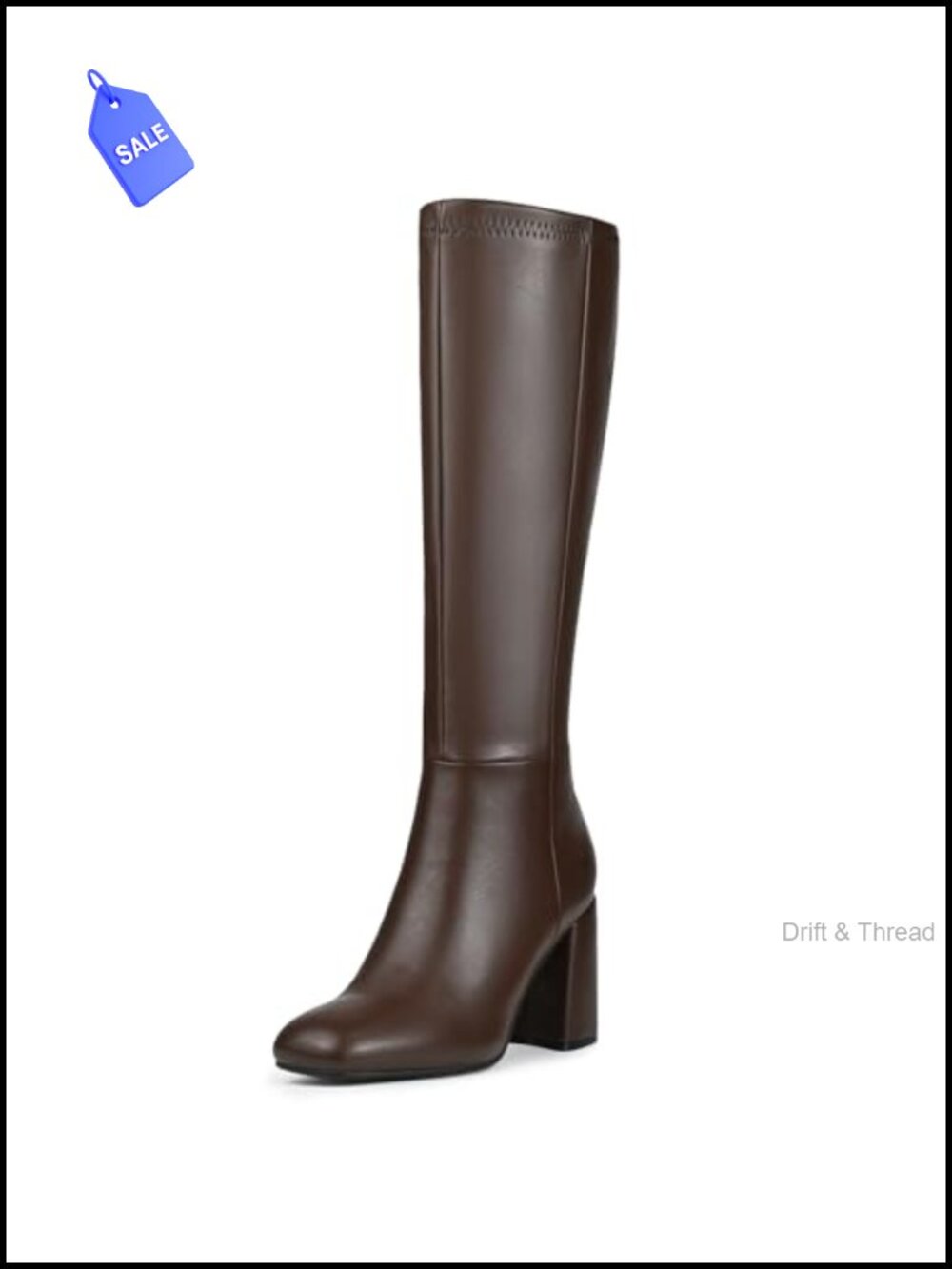 Knee High Boots Faux Leather Square Toe Chunky Block Heel Side Zip